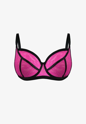 Koronkowy biustonosz w jaskrawym różowym kolorze z czarnym wykończeniem. Posiada usztywniany kształt, fiszbiny oraz regulowane ramiączka, prezentując misterny, kwiatowy wzór.
