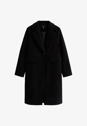 Black coat with a structured design, featuring a notched collar, single button closure, and two front pockets. Smooth texture, knee-length.