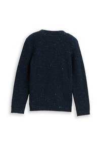 Marineblauer gestrickter Pullover mit strukturiertem Muster, gerippten Bündchen und Saum. Enthält Sprenkel von hellblau im gesamten Stoff.