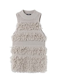 Gilet en maille beige sans manches avec col montant côtelé et rayures texturées horizontales en franges sur le devant et le dos.