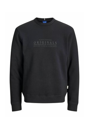 Black long-sleeve crewneck sweatshirt with ribbed cuffs and hem, featuring subtle gray text "Ninetynineteen Originals 1990" on the chest.