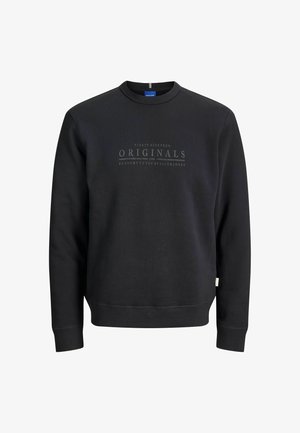 Black long-sleeve crewneck sweatshirt with ribbed cuffs and hem, featuring subtle gray text "Ninetynineteen Originals 1990" on the chest.