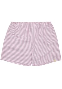 Leichte Baumwollshorts mit elastischem Bund, mit horizontalen rosa und weißen Streifen und einem kleinen gelben Logo-Detail.