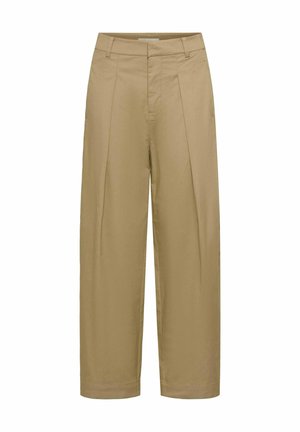 Bež hlače visokog struka ravnih nogavica s petljama za remen, prednjim naborima i skrivenim prednjim zatvaračem.