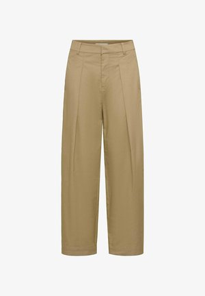 Bež hlače visokog struka ravnih nogavica s petljama za remen, prednjim naborima i skrivenim prednjim zatvaračem.