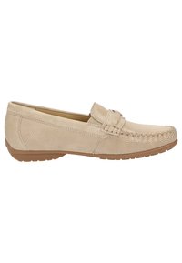 Beige loafers met een textuur mesh bovenwerk en gladde suede accenten. Kenmerken zijn gestikte details, een band over de voorkant en een rubberen zool.