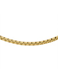 Collana in metallo color oro con maglie intrecciate, caratterizzata da una finitura liscia e lucida e da un design uniforme.
