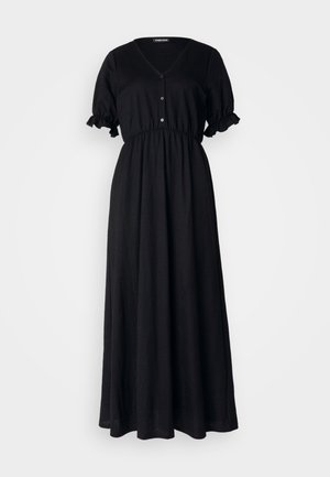 Mustrine mustriga kleit on valmistatud kergest kangast, millel on V-kaelus, lühikesed volangiga varrukad ja kogutud talje, millel on nupuväärdustused.