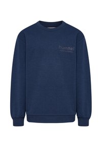 Granatowa bluza z okrągłym kołnierzem, długimi rękawami i subtelnym logo "hummel sportswear" na lewej stronie klatki piersiowej.