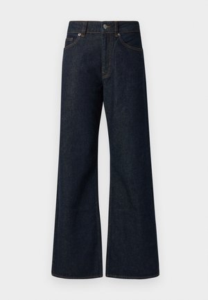 Dark blue wide-leg denim jeans with front button and zipper closure, belt loops, and front pockets, shown against a plain background.