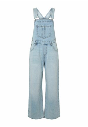 Salopette en denim bleu clair avec bretelles ajustables, poche poitrine avant, boutons latéraux et pantalon à jambes larges.