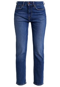 Raka blå denimjeans med frontknapp och dragkedja, fem fickor och bälteshällor.