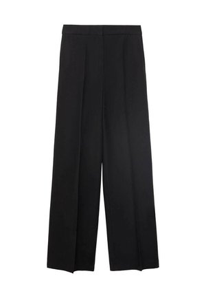 Pantalones negros de pierna ancha con una textura suave, que presentan pliegues en la parte delantera y un diseño de cintura alta. Sin bolsillos visibles ni herrajes.