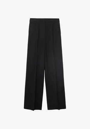 Szerokie czarne spodnie z gładką fakturą, z fałdami z przodu i wysokim stanem. Brak widocznych kieszeni i elementów metalowych.