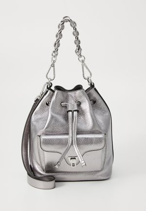Metallic silver bucket-style bag with textured leather, drawstring closure, exterior pocket, and a chain handle. Adjustable shoulder strap included.