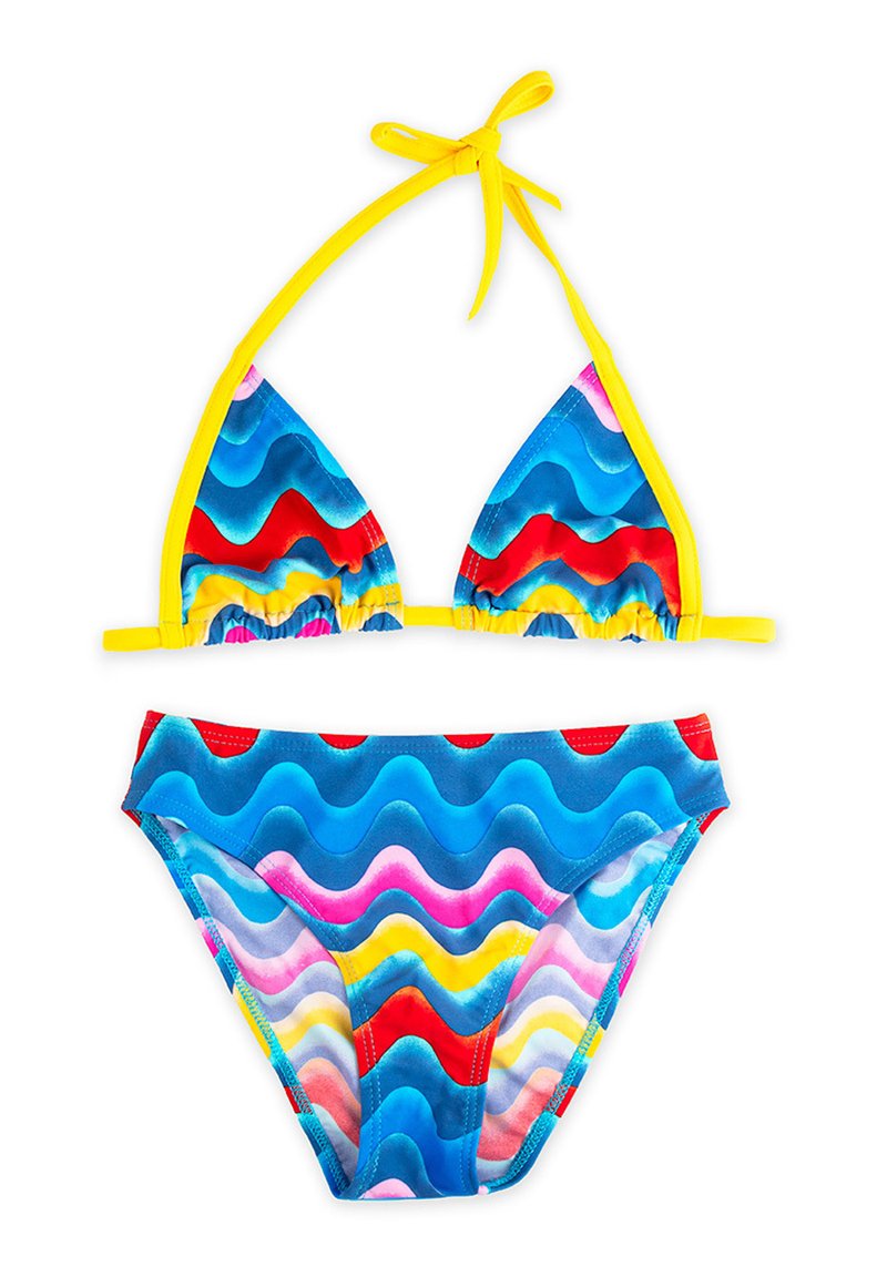 Zestaw bikini z falistymi wzorami w kolorach niebieskim, czerwonym, żółtym i różowym; top na szyję wiązany; elastyczny pas w szortach; gładka, syntetyczna tekstura.