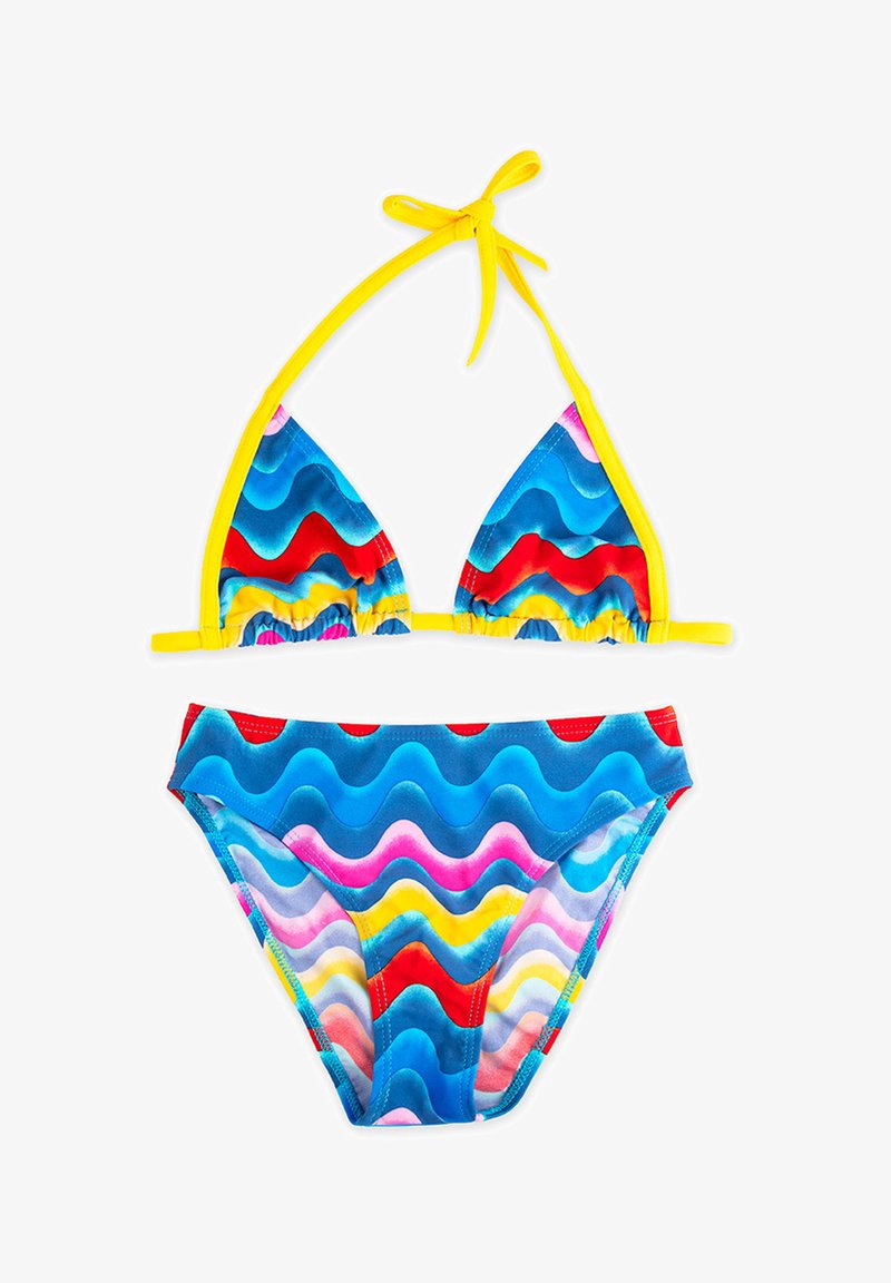 Zestaw bikini z falistymi wzorami w kolorach niebieskim, czerwonym, żółtym i różowym; top na szyję wiązany; elastyczny pas w szortach; gładka, syntetyczna tekstura.