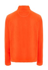 Orange fleece-pullover med høj krave, lange ærmer og glat tekstur. Har flade sømme og ingen synlige knapper eller hardware.