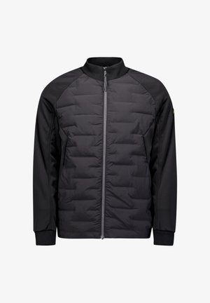 Schwarze ZIP-Jacke mit gestepptem Rumpf und glatten Ärmeln. Verfügt über einen hohen Kragen und gerippte Bündchen, aus leichtem, wasserabweisendem Material gefertigt.