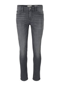 Jeans skinny en denim gris foncé, avec un design classique à cinq poches, fermeture éclair et décoloration subtile sur les jambes. Texture lisse.