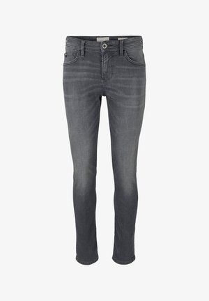 Jeans ajustados en denim gris oscuro, con un diseño clásico de cinco bolsillos, cremallera y un ligero desgastado en las piernas. Textura suave.