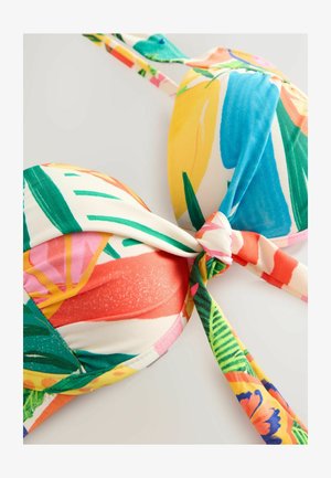 Multifarvet bikinitop med blomstermønster og tropiske bladtryksdetaljer. Har en knude foran, justerbare stropper og blødt, elastisk stof.