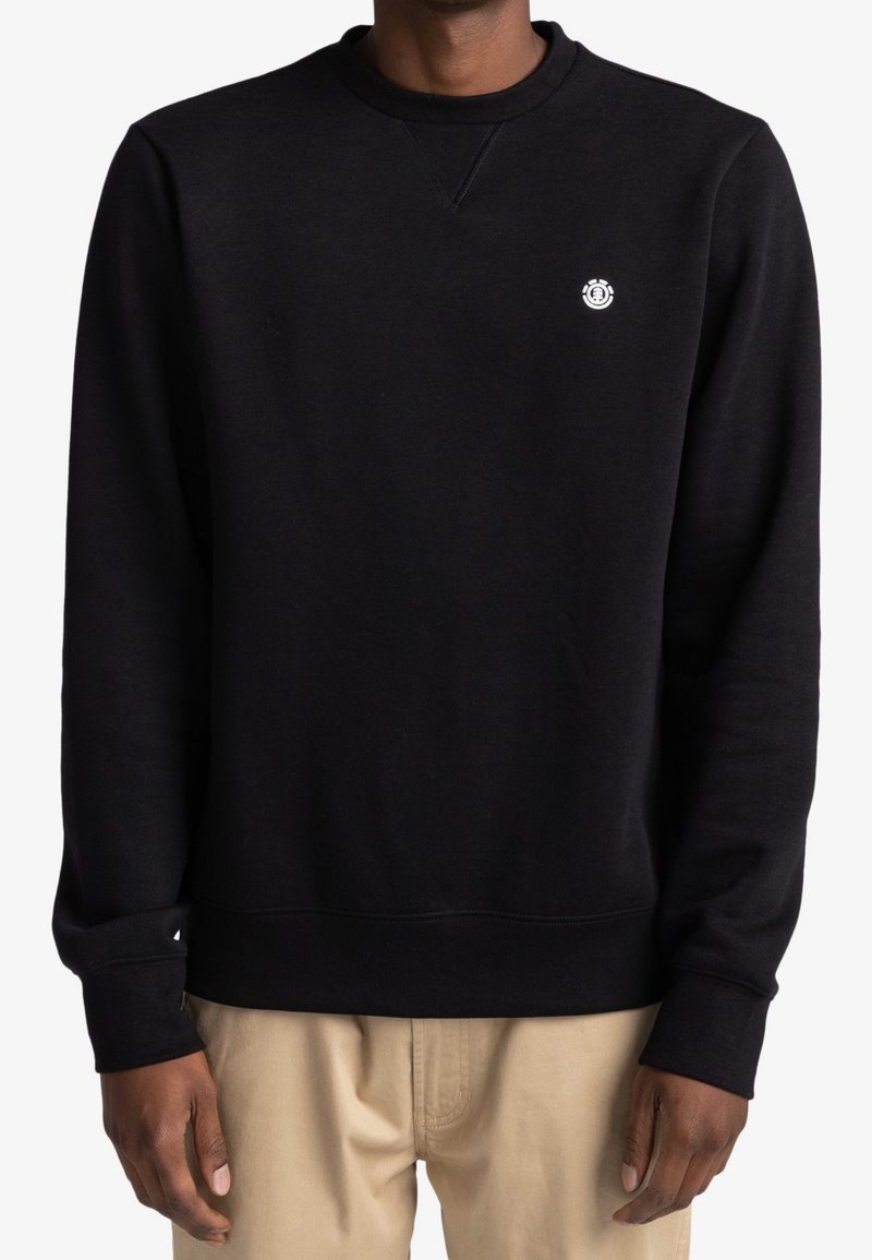 Sweat-shirt en coton noir avec un col rond, des poignets et un ourlet côtelés, arborant un petit logo sur la poitrine, et une coupe décontractée.