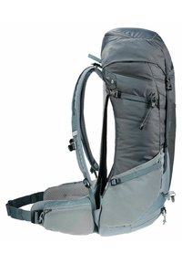 Gray hiking backpack with a structured design, padded straps, mesh back panel, and multiple external pockets for storage.