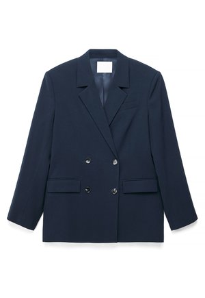 Navy blue double-breasted blazer with notch lapels, two front flap pockets, and four black buttons on a white background.