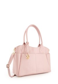 Roze leren totebag met gouden hardware, twee bovengrepen en een verstelbare schouderriem. Heeft een gestructureerd ontwerp en meerdere buitenzakken.