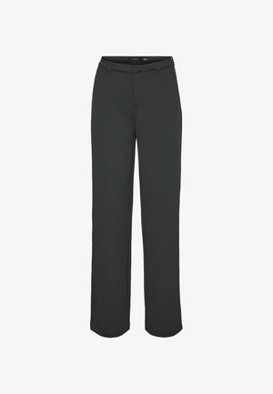 Pantalons large en vert foncé en tissu lisse. Présente une taille avec passants de ceinture, des poches avant et une coupe droite.