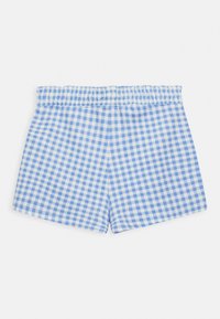 Šortky s modro-bílým kostkovaným vzorem, elastickým pasem a jemnou, lehkou tkaninou. Čtvercový vzor je po celé ploše.