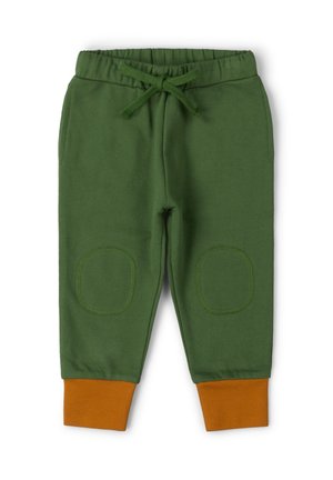 Grüne Kleinkinderhose mit elastischem Bund, Kordelzug, Knieschonern und orangefarbenen, gerippten Bündchen an den Knöcheln.