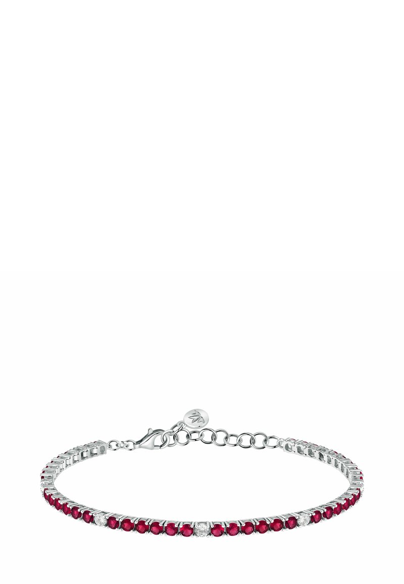 Bracciale in argento con gemme rosse e trasparenti alternate, caratterizzato da un design a catena elegante e un fermaglio a moschettone per una chiusura sicura.