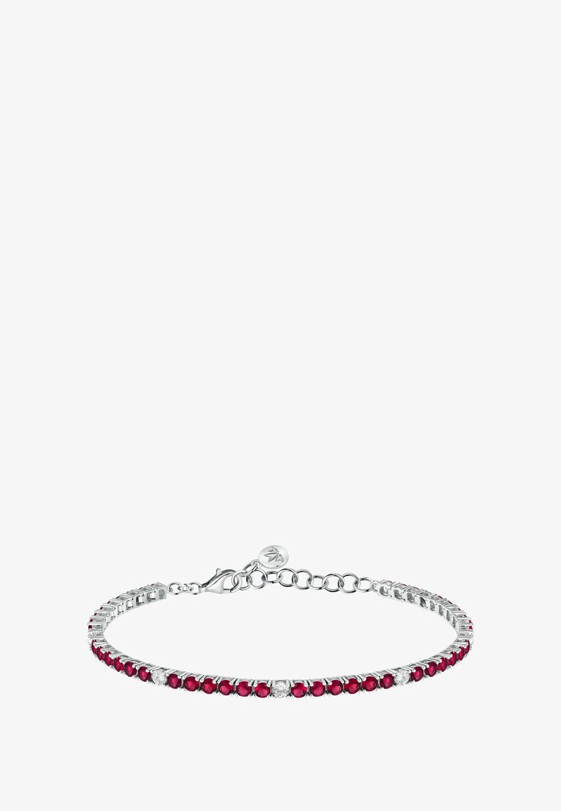 Bracciale in argento con gemme rosse e trasparenti alternate, caratterizzato da un design a catena elegante e un fermaglio a moschettone per una chiusura sicura.