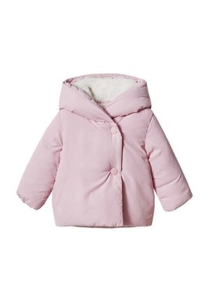 Veste de bébé rose clair matelassée avec capuche, deux gros boutons à l'avant et une douce doublure intérieure blanche, présentée sur fond blanc.