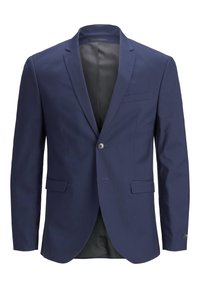 Granatowa marynarka wykonana z gładkiej tkaniny, z pojedynczym zapięciem na guzik, dwoma przednimi kieszeniami oraz elegancką podszewką wewnętrzną.