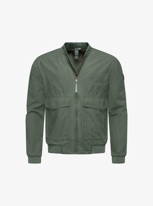 Zelená bomber bunda, lehká tkanina, žebrované manžety a lem, dvě přední kapsy, přední zip a stojáčkový límec.