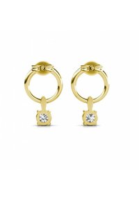 Orecchini a cerchio in oro con un design circolare, caratterizzati da un accento di cristallo nella parte inferiore. Texture liscia con una finitura lucida.