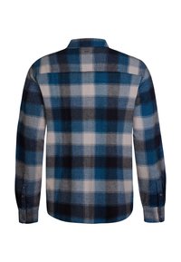 Blauw en grijs geruite flanellen overhemd met lange mouwen, knoopmanchetten, een kraag en een rugpanddetail. Zachte textuur met verschillende ruitgroottes.