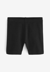 Zwarte katoenen shorts met een gladde textuur, aangesloten pasvorm en een tailleband. Eenvoudig ontwerp zonder patronen of extra hardware.