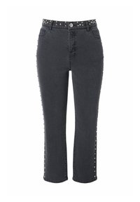 Černé džíny z denimu s přiléhavým pasem, zdobené nýty na bocích a rovný střih nohavic. Zapínání na knoflík a zip.