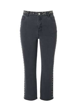 Zwarte denim jeans met een fitted taille, voorzien van gespijkerde accenten langs de zijkanten en een rechte pijp. Met knoop- en ritsluiting.
