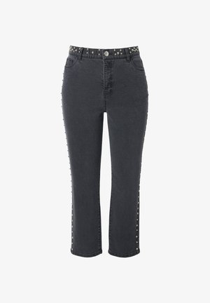 Zwarte denim jeans met een fitted taille, voorzien van gespijkerde accenten langs de zijkanten en een rechte pijp. Met knoop- en ritsluiting.