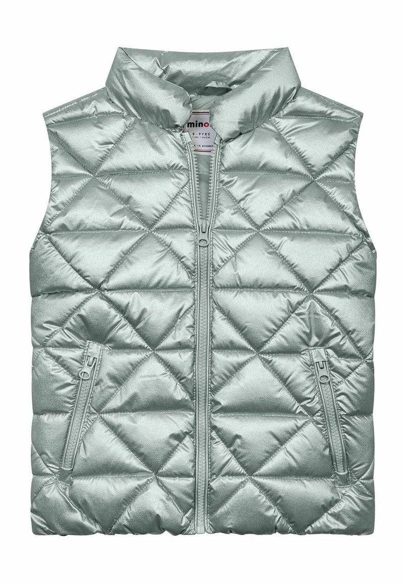Ljus turkos pufferväst med ett diamantquiltat mönster, dragkedja fram och två sidofickor med dragkedja. Tillverkad av ett glänsande, slätt material.