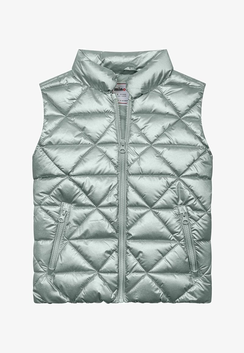 Helles Türkis puffer Weste mit einem Diamantsteppmuster, Reißverschluss vorne und zwei seitlichen Reißverschlusstaschen. Hergestellt aus einem glänzenden, glatten Material.