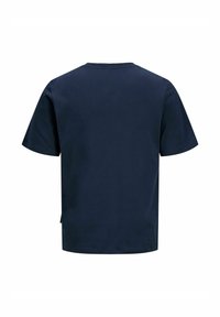 Μπλε ναυτικό κοντομάνικο t-shirt με στρογγυλή λαιμόκοψη, εμφανιζόμενο από πίσω με ίσιο τελείωμα και απλές ραφές.