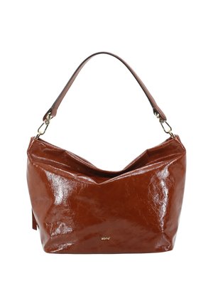 Brown leather handbag with a shiny texture, a slouchy design, single handle, and gold hardware accents. Features the brand name "abro."