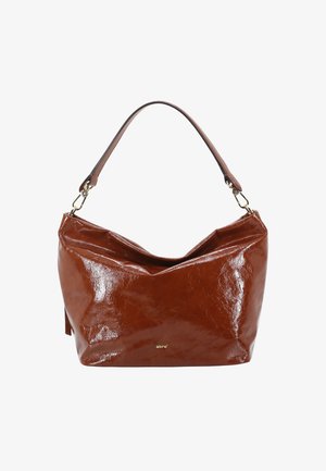 Braune Lederhandtasche mit glänzender Textur, lockerem Design, einem einzelnen Henkel und goldfarbenen Beschlägen. Mit dem Markennamen "abro."