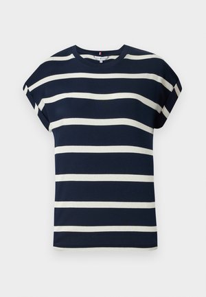 Mörkblå t-shirt med kort ärm och vita horisontella ränder, rundad halsringning och en avslappnad passform. Mjukt, slätt tyg med uppvikta ärmar.